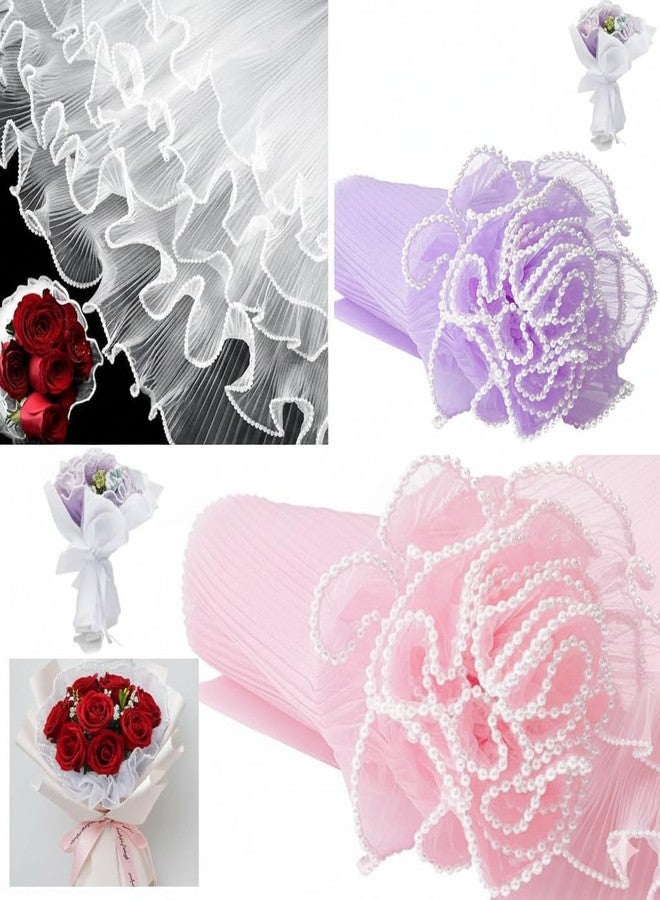 KTrading 4 Yards Floral Mesh Bouquet Wrapping Paper with Pearl Edge | Translucent Waterproof Flower Wrap for Gift Packaging, Weddings, Decorations & DIY Crafts (Pack of 3 White, Pink And Purple) - Image 1